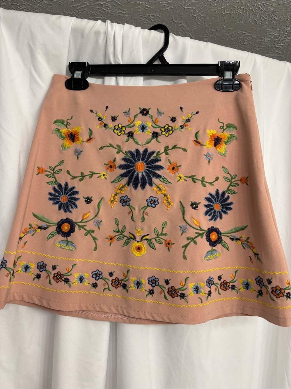 Blu Pepper Peach A-Line Skirt with Multicolor Floral Embroidery